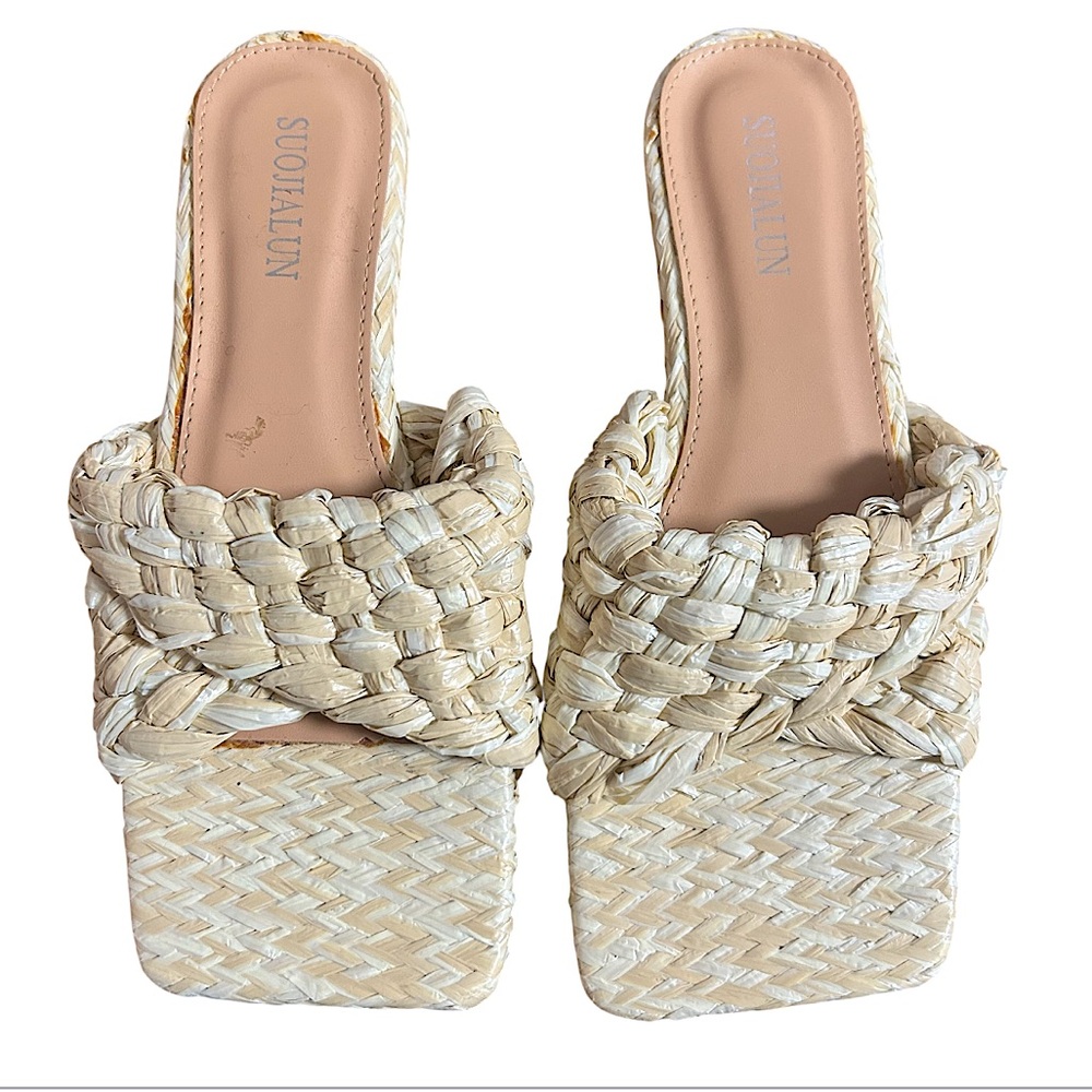 SUOJIALUN Raffia Square Open Toe Low Heel Sandals Women’s Size 7 (240)
